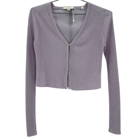Vince Ribbed Lilac Cropped V Neck Cardigan Size S - Picture 2 of 4